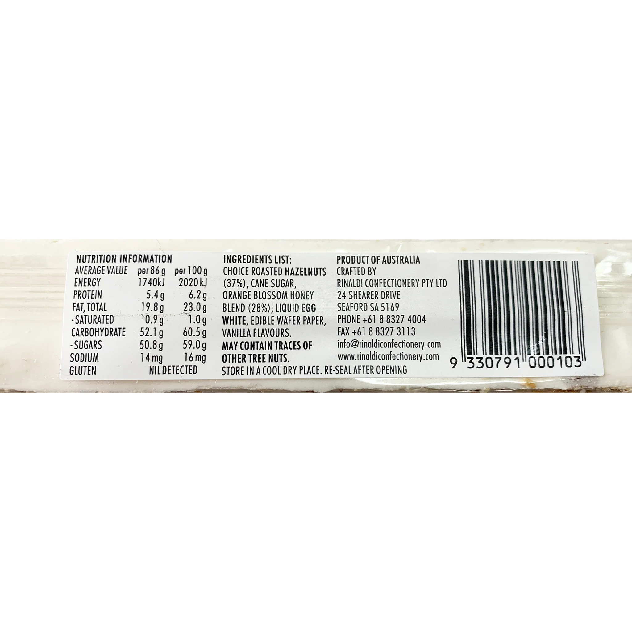 Rinaldi Soft Hazelnut Nougat Blended with Australian Orange Blossom Honey 86g - Image 2