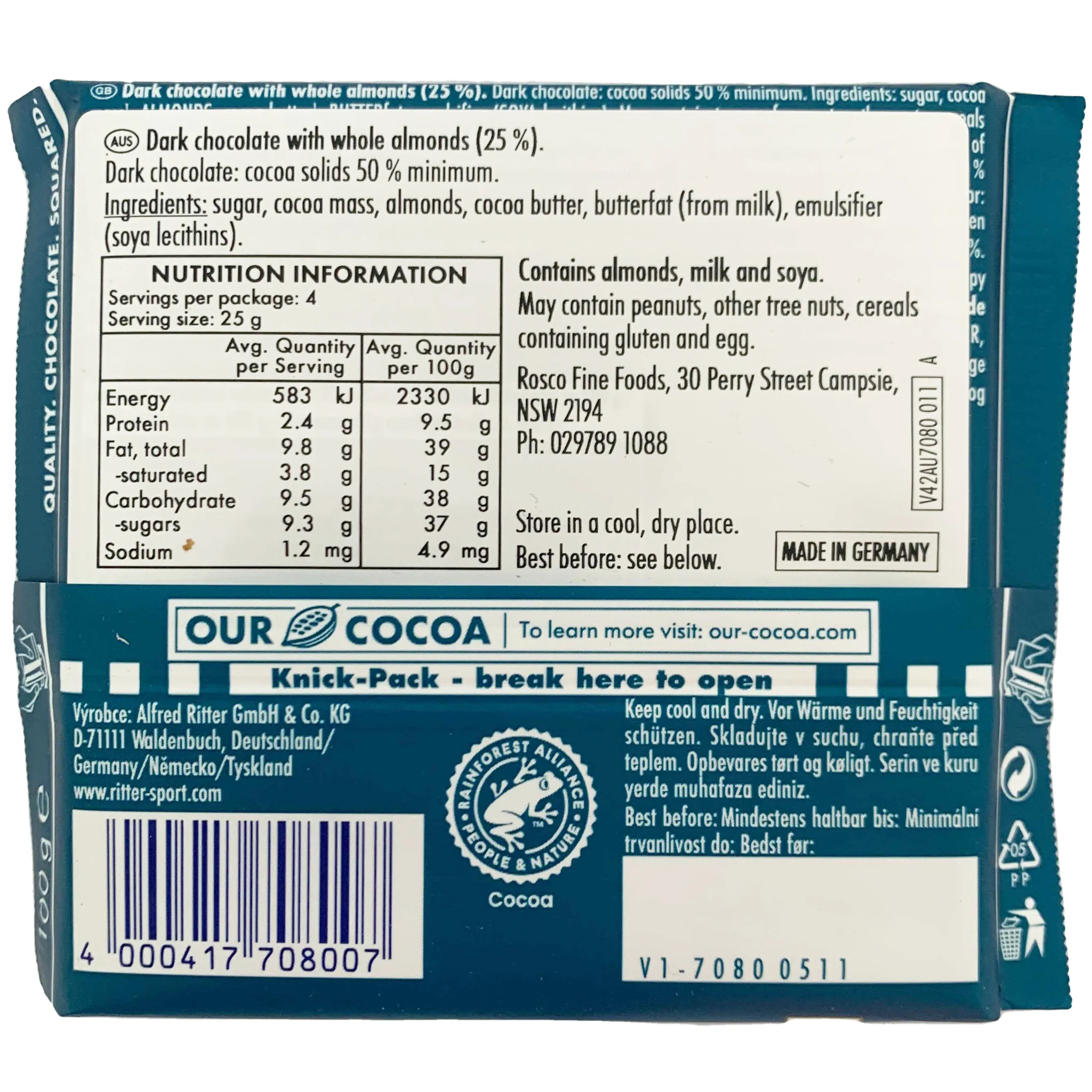 Ritter Sport Dark Chocolate Whole Almonds 100g - Image 2