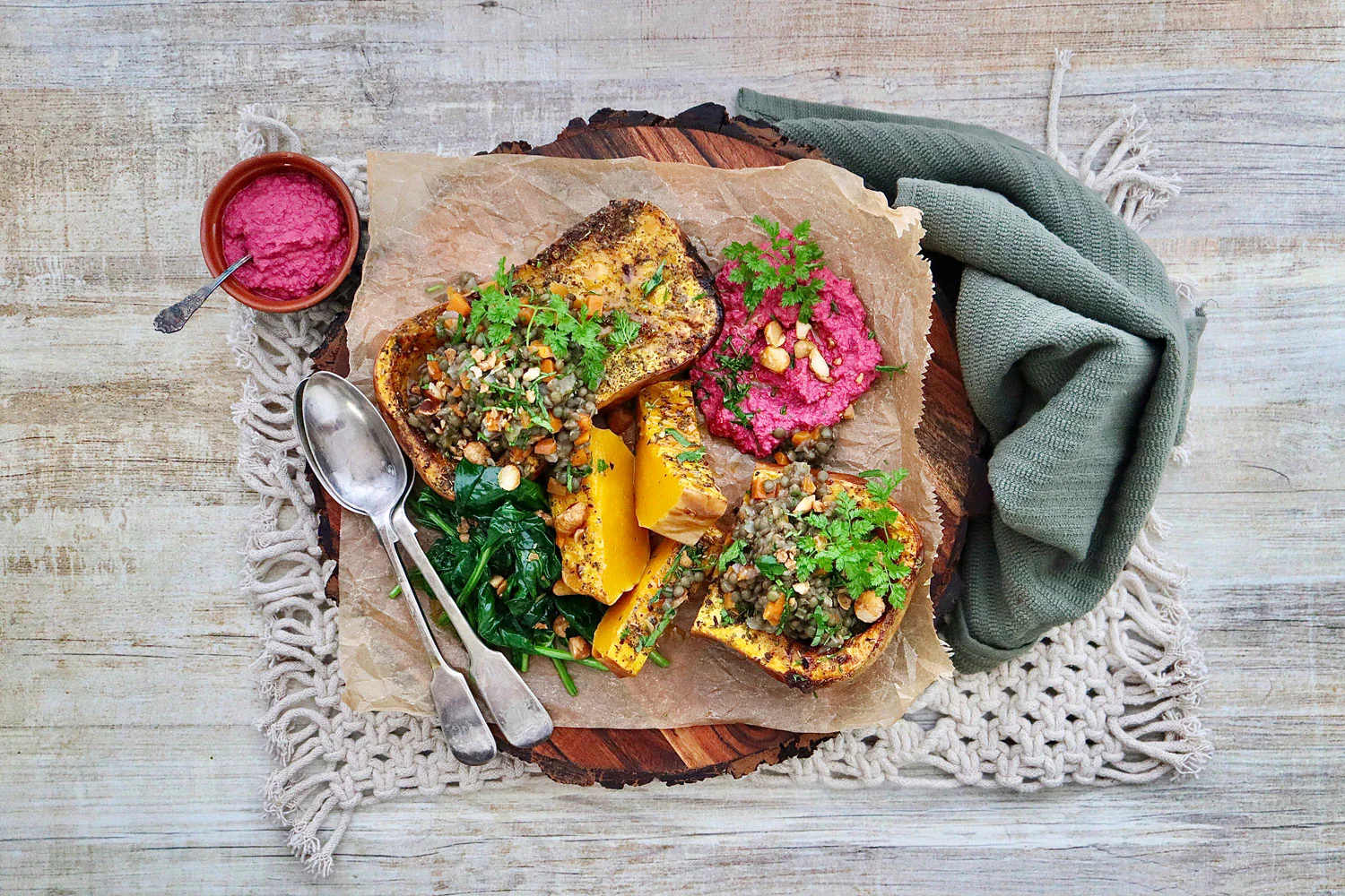 Roasted Butternut Pumpkin - with Lentil Cassoulet, Spinach and Honey Macadamias - Image 2