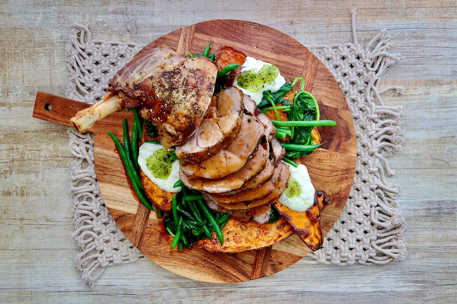 Roasted Leg of Lamb - with Sweet Potatoes, Green Beans and Mint Jelly Creme Fraiche - Image 2