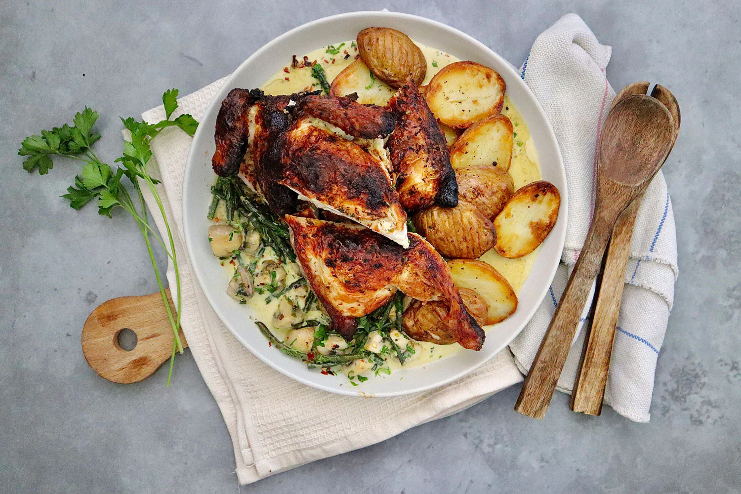 Roasted Lemon and Garlic Chicken - with Potatoes Mushrooms and Snake Beans - Image 2