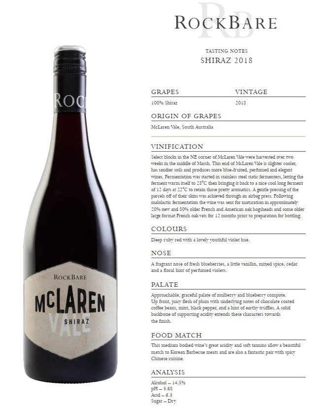 Rockbare Shiraz McLaren Vale SA 750ml - Image 2