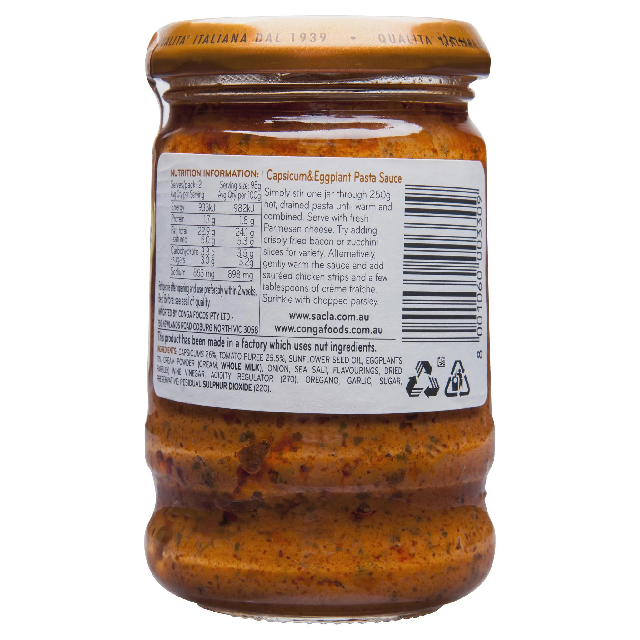 Sacla Pasta Sauce Stir Through Capsicum and Eggplant 190g - Image 2