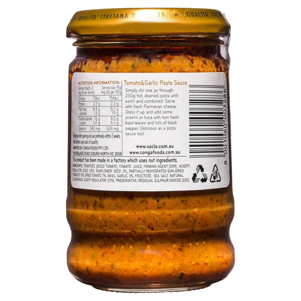Sacla Pasta Sauce Stir Through Tomato and Garlic 190g - Image 2