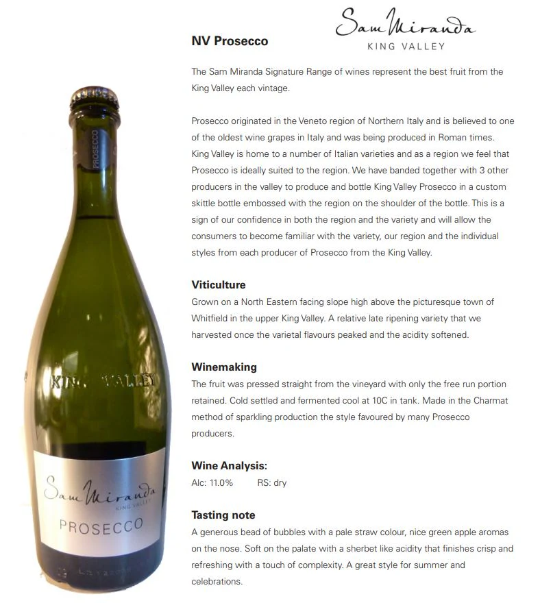 Sam Miranda Prosecco NV King Valley VIC 750ml - Image 2
