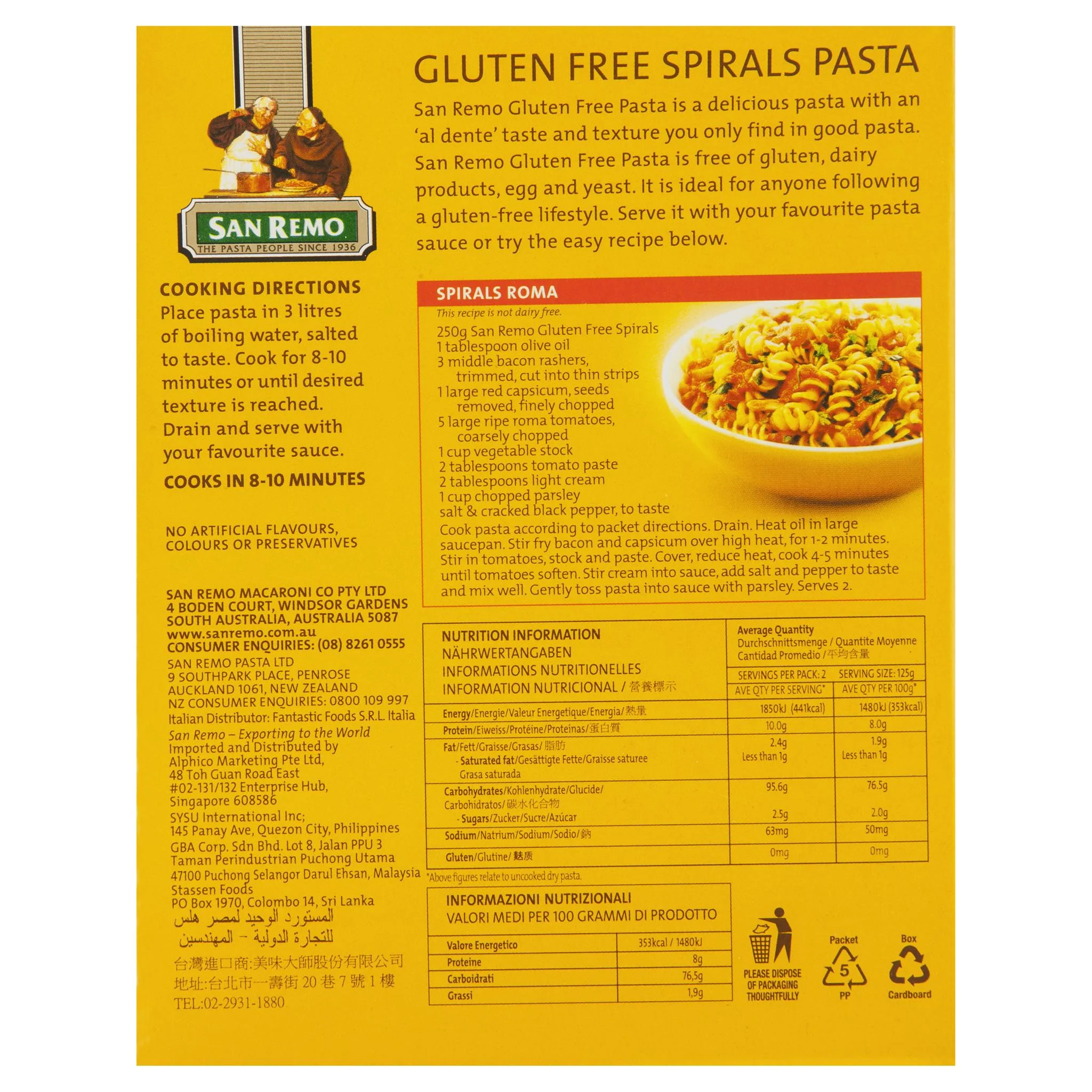 San Remo Gluten Free Pasta Spirals 350g - Image 2