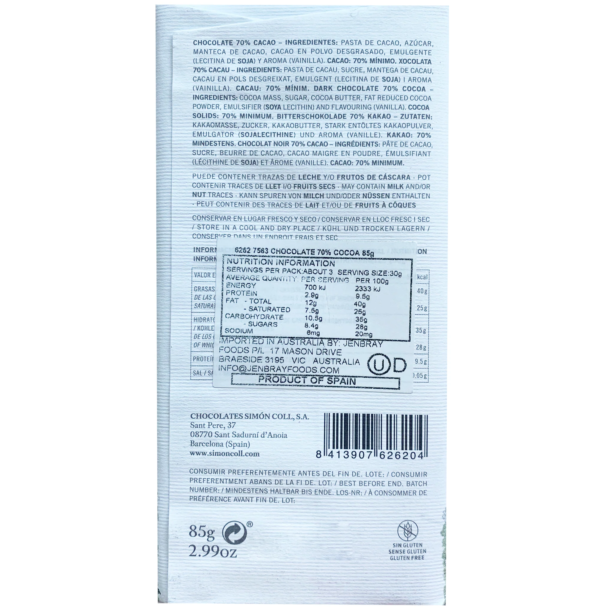 Simon Coll 70% Dark Chocolate 85g - Image 2