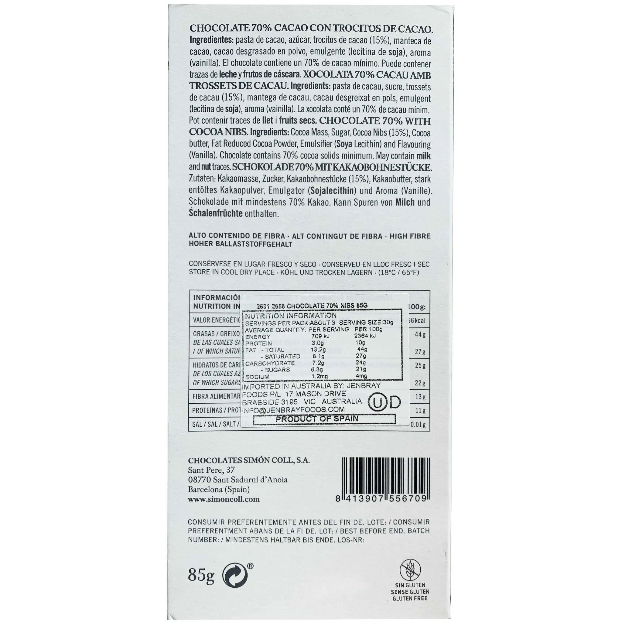 Simon Coll 70% Dark Chocolate Cocoa Nibs 100g - Image 2