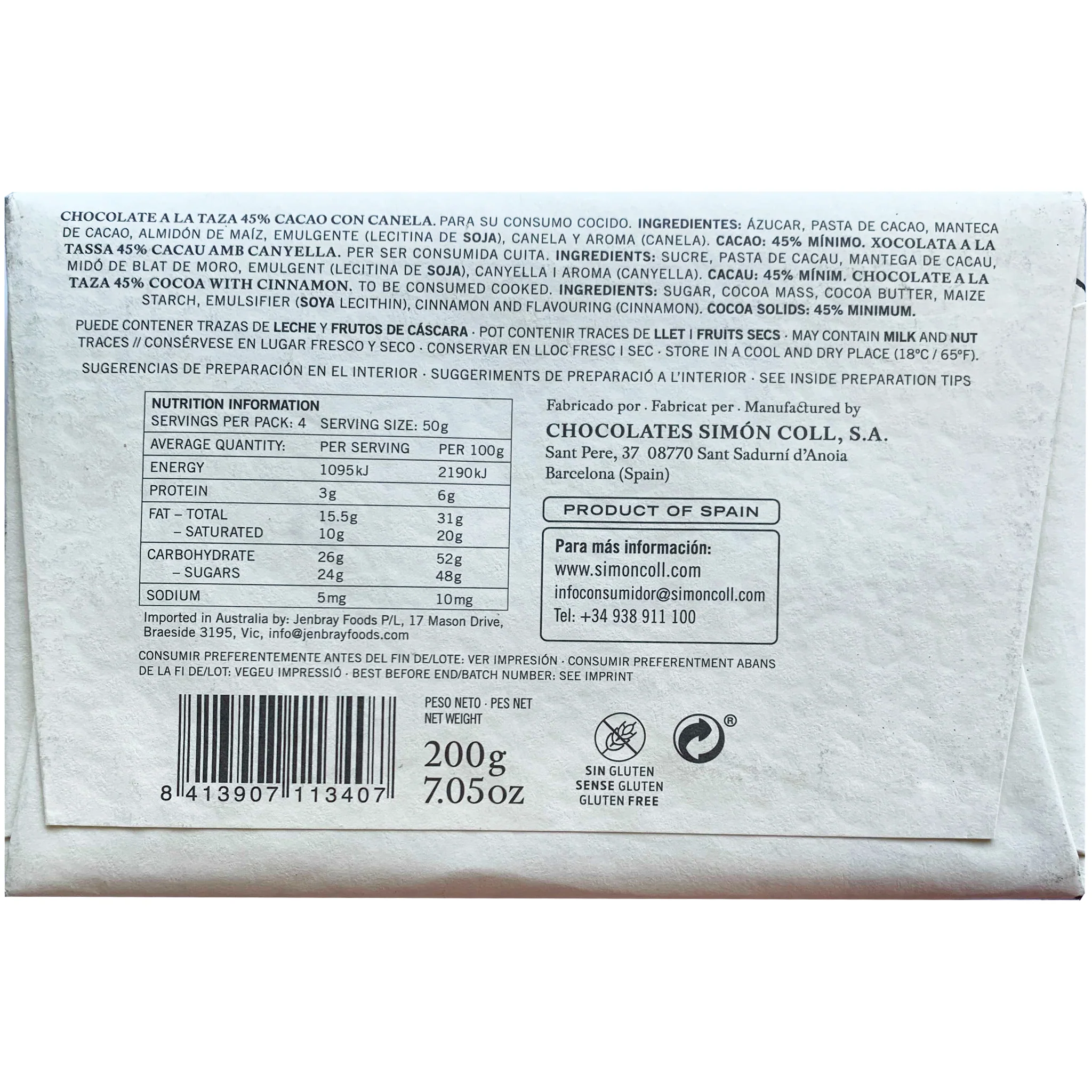 Simon Coll Drinking Chocolate 45% Cocoa with Cinnamon 200g - Image 2