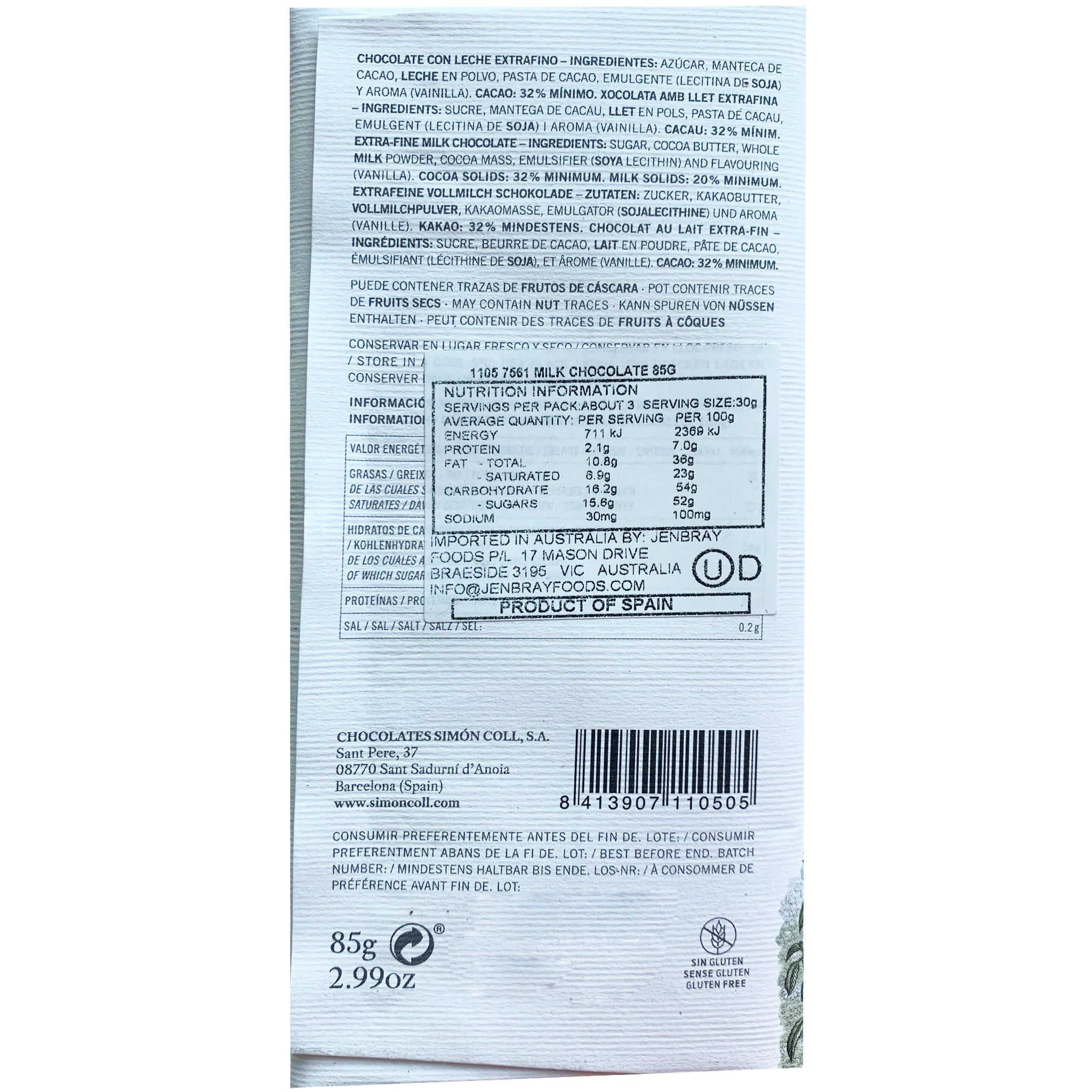 Simon Coll Extra Fine Milk Chocolate 85g - Image 2