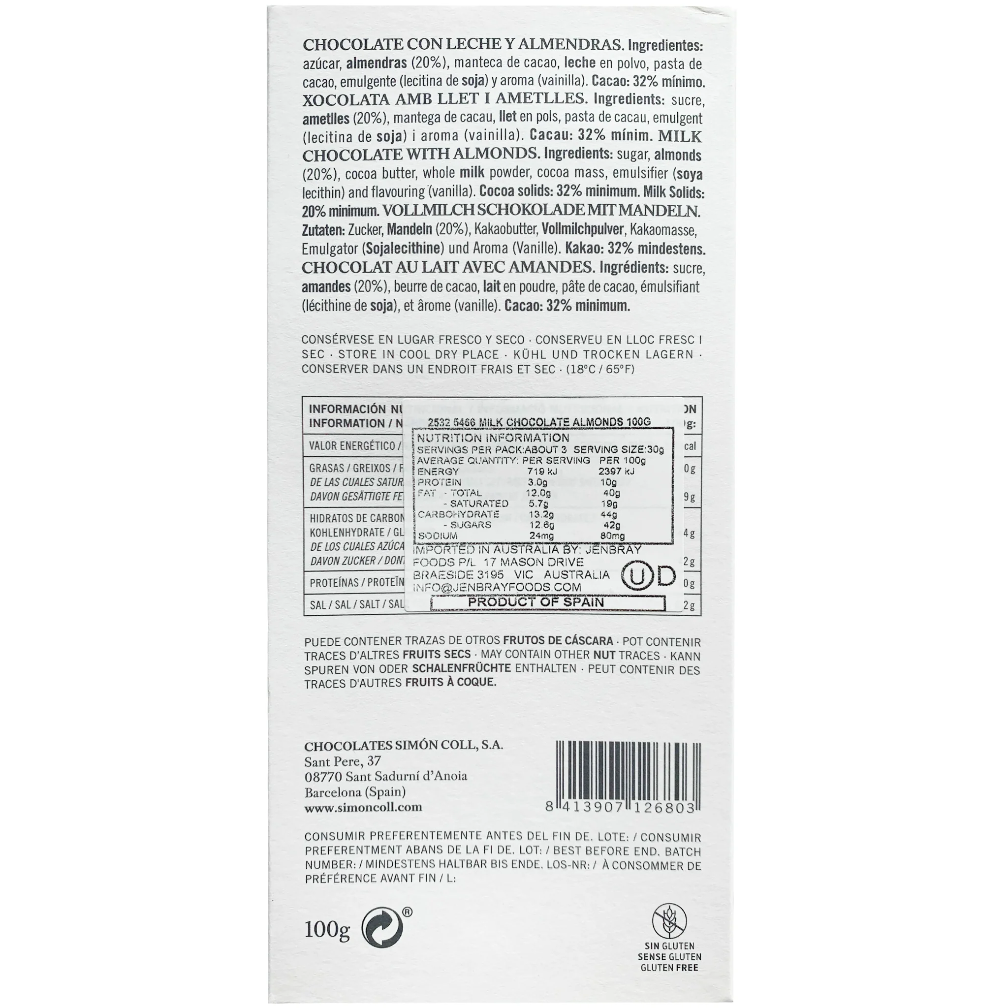 Simon Coll Milk Chocolate Almonds 100g - Image 3