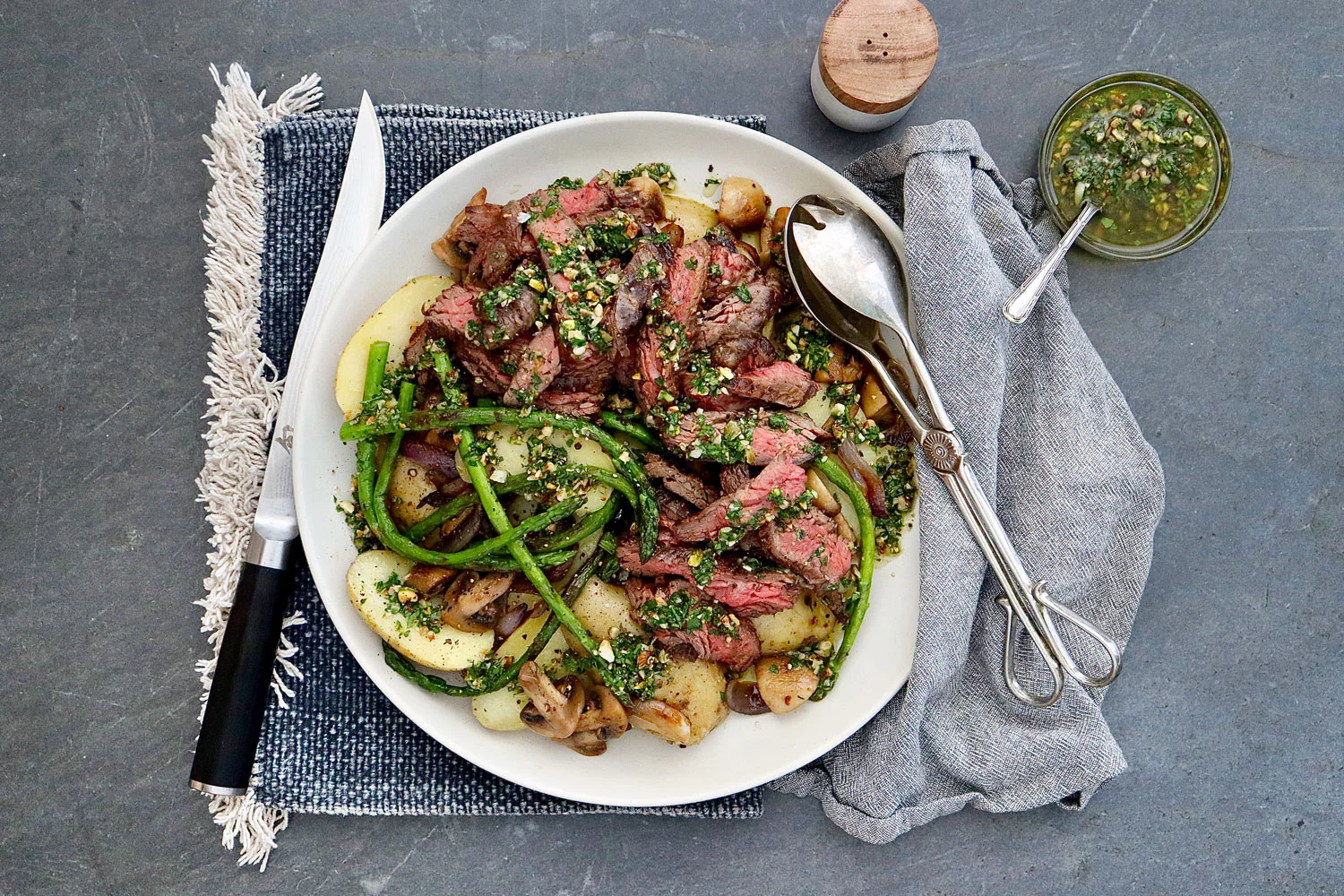 Skirt Steak - with Boiled Potatoes Asparagus and Mixed Nut Salsa - Image 2