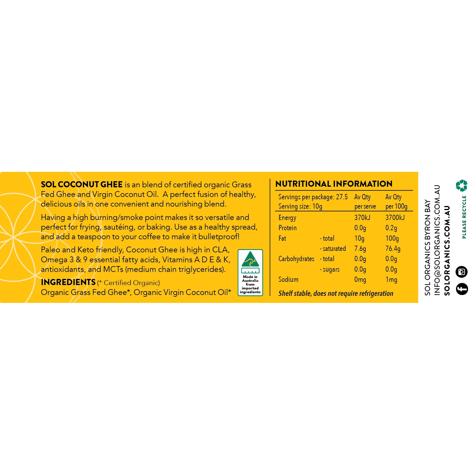 Sol Ghee Organic Coconut Oil and Grass Fed Ghee 275g - Image 2