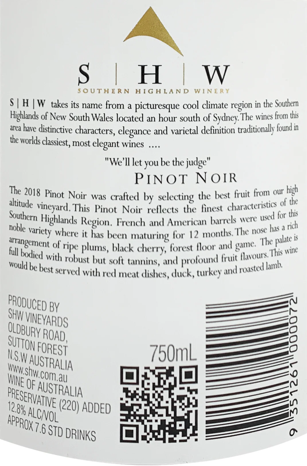 Southern Highlands Winery Pinot Noir Southern Highlands NSW 750ml - Image 2