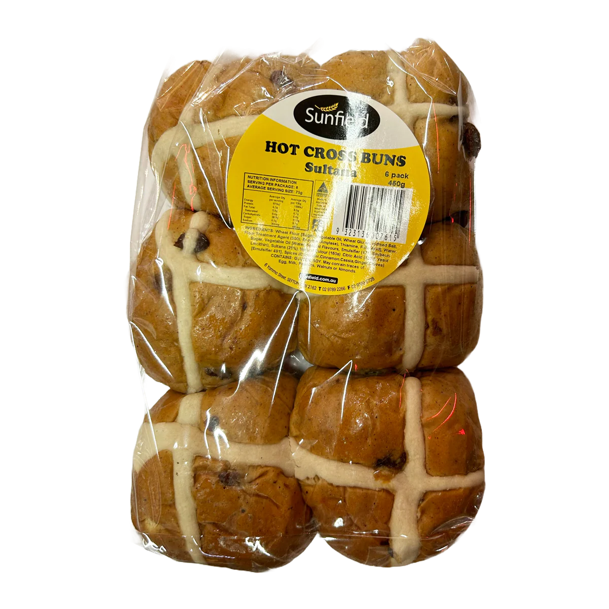 Sunfield Hot Cross Buns Fruit 6 Pack 450g
