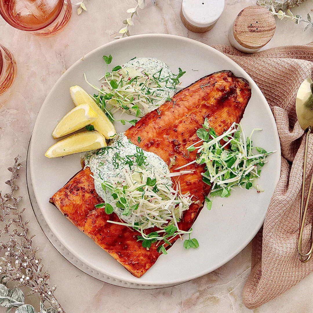 Sweet Chilli Soy Baked Salmon - with Kolhrabi Salsa and Yoghurt Dressing
