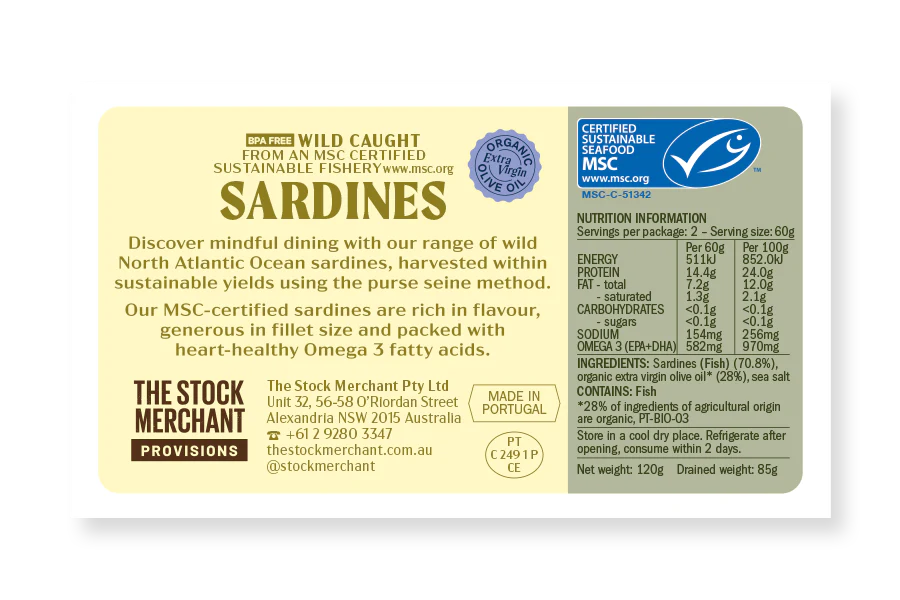 The Stock Merchant MSC Sardines in Organic Extra Virgin Olive Oil 120g - Image 2