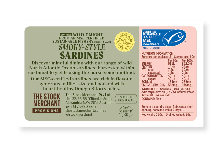 The Stock Merchant MSC Smoked Sardines in Organic Extra Virgin Olive Oil 120g - Image 2