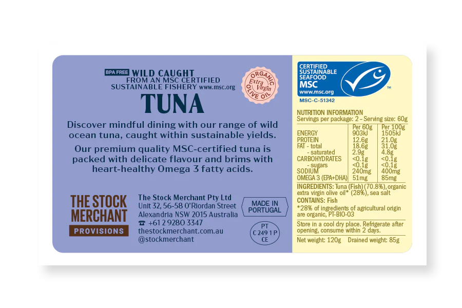 The Stock Merchant MSC Tuna in Organic Extra Virgin Olive Oil 120g - Image 2