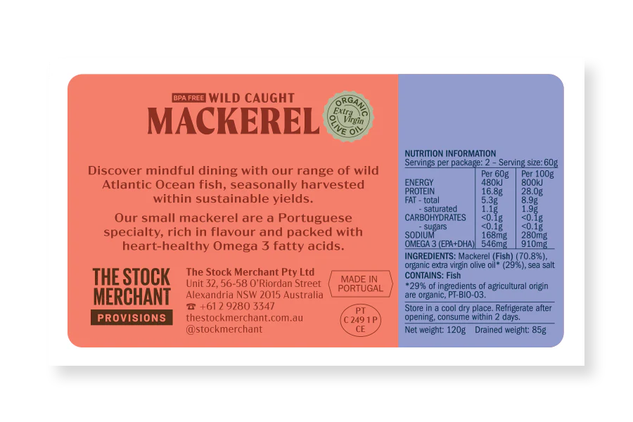 The Stock Merchant Wild Mackerel in Organic Extra Virgin Olive Oil 120g - Image 2