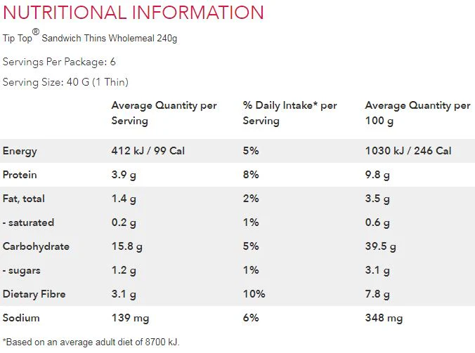 Tip Top Sandwich Thins Wholemeal x6 240g - Image 3