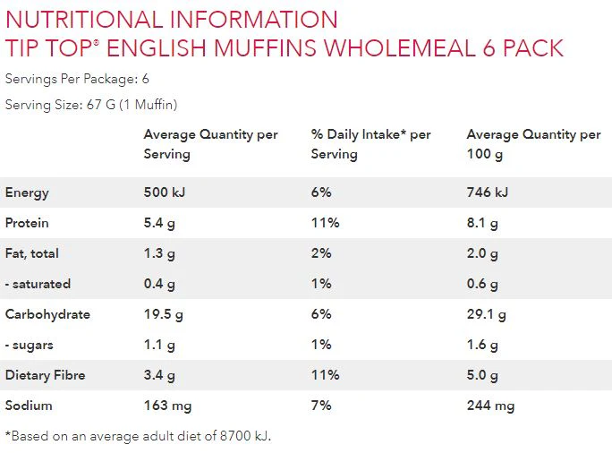 Tip Top English Muffins Wholemeal x6 400g - Image 3