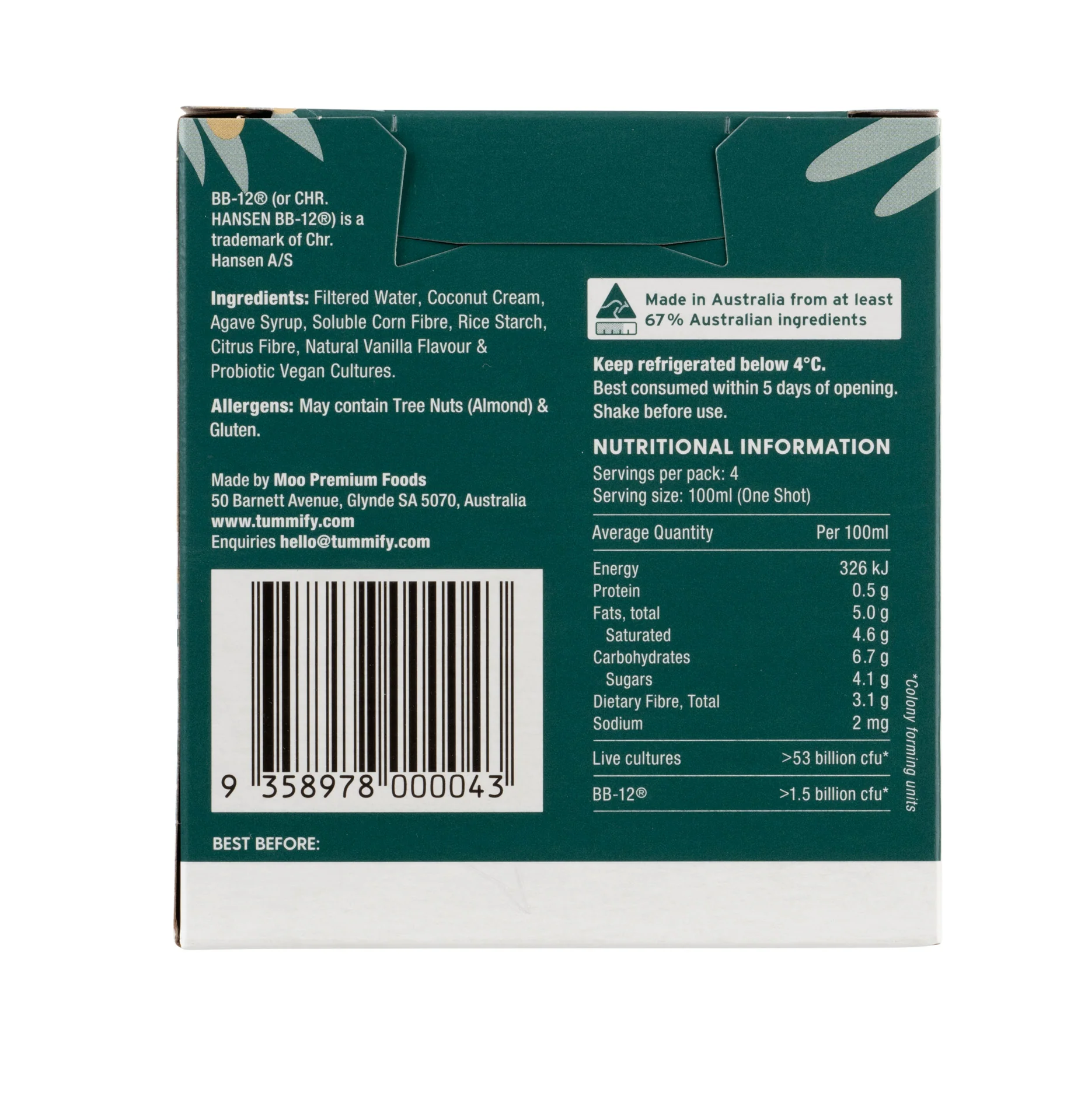 Tummify Plant Based High Strength Probiotic Shot Agave, Vanilla & Coconut 4 x 100ml - Image 2
