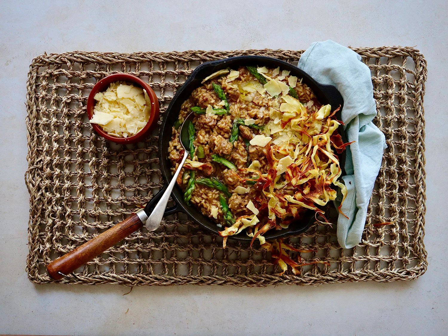 Tuscan Sausage and Asparagus Risotto with Parsnip Chips - Image 2