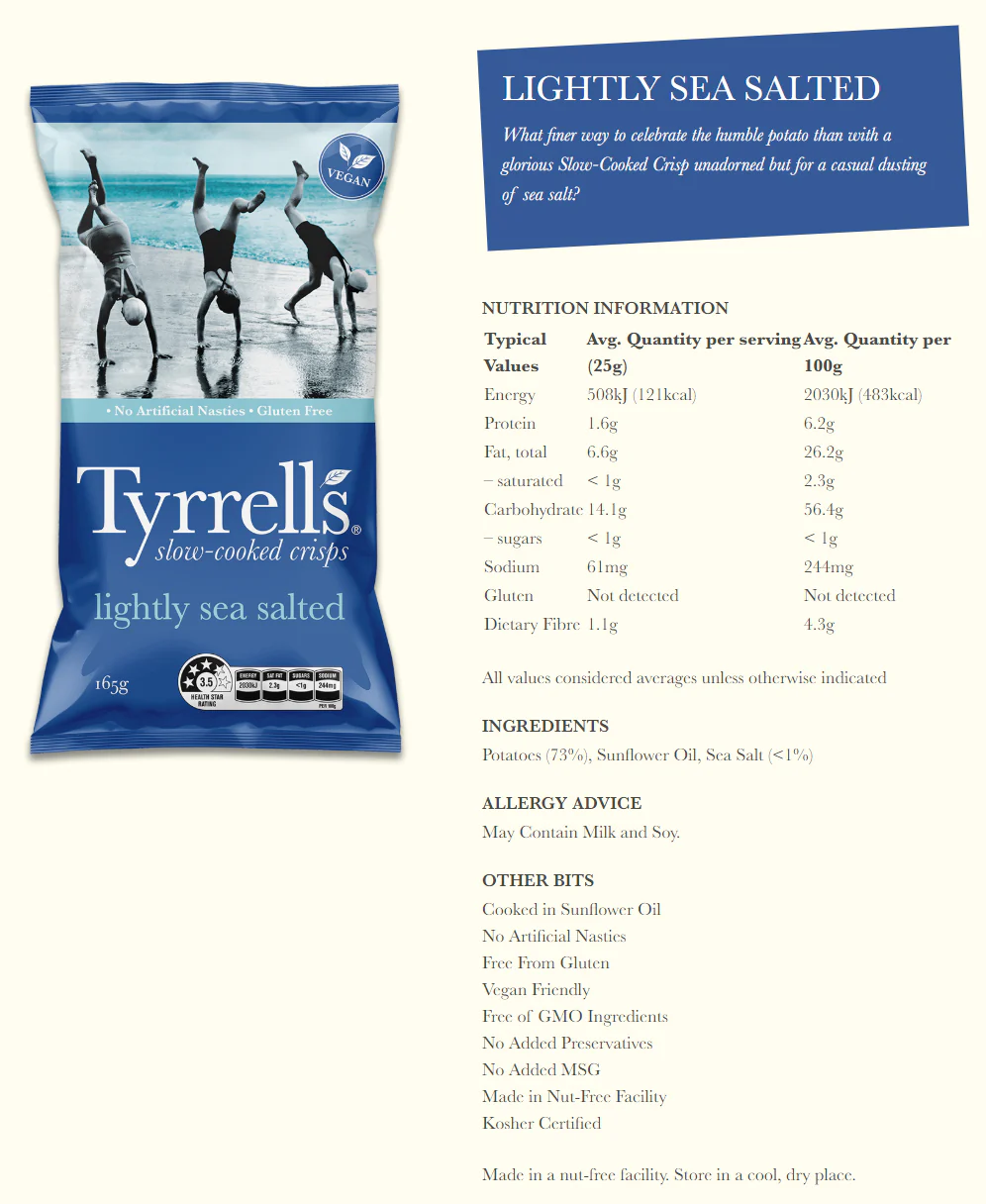 Tyrrells Slow-Cooked Crisps Lightly Sea Salted 165g - Image 2