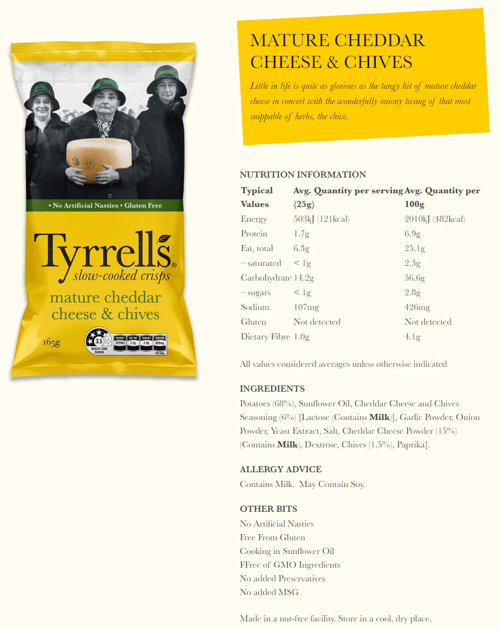 Tyrrells Slow-Cooked Crisps Mature Cheddar Cheese and Chive 165g - Image 2