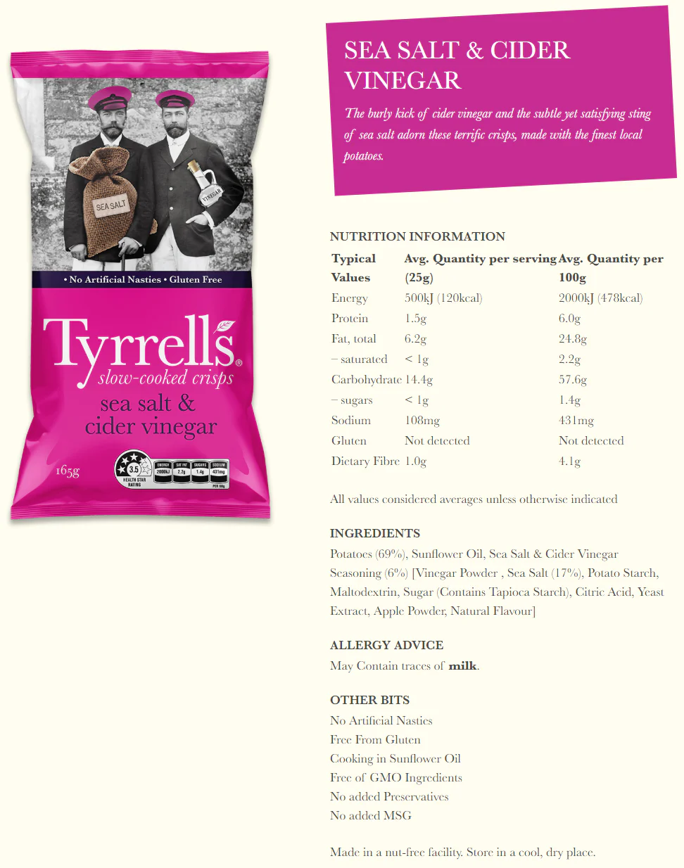 Tyrrells Slow-Cooked Crisps Sea Salt and Cider Vinegar 165g - Image 2