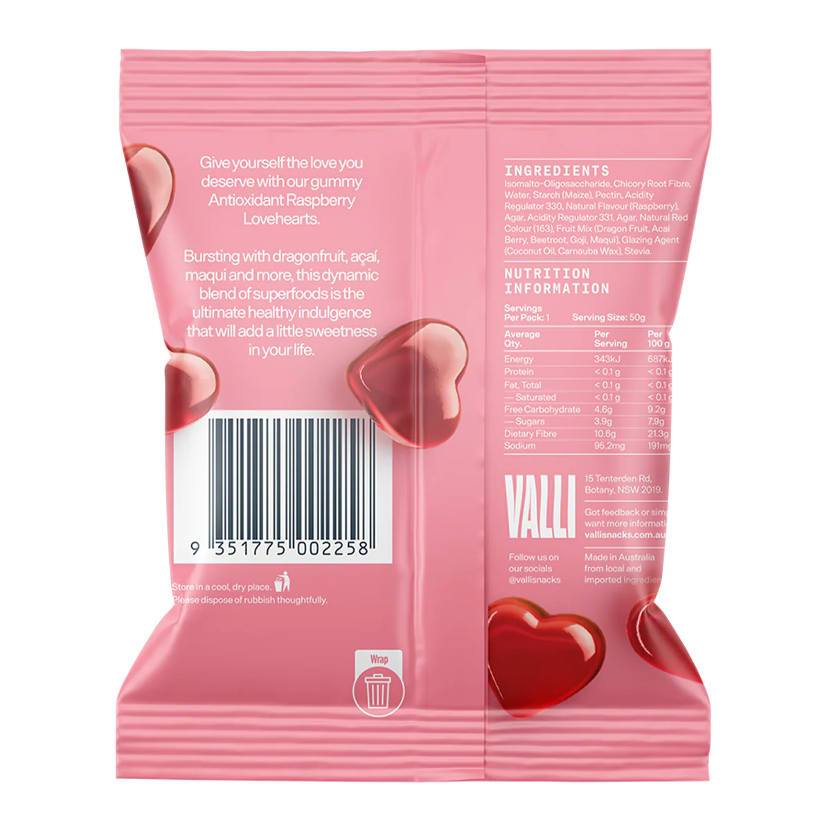 Valli Gummies Raspberry Love Hearts 50g - Image 2