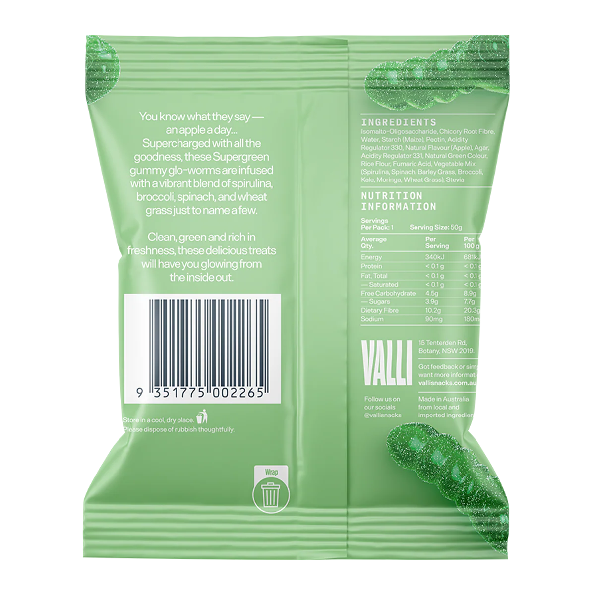 Valli Gummies Sour Apple Glo-worms 50g - Image 2
