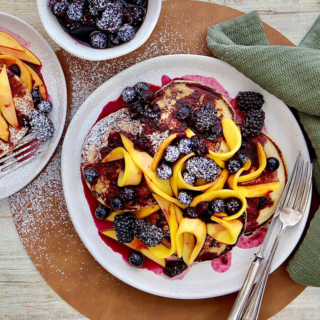 Vegan Pancakes - with Fresh Mango and Berry Compote