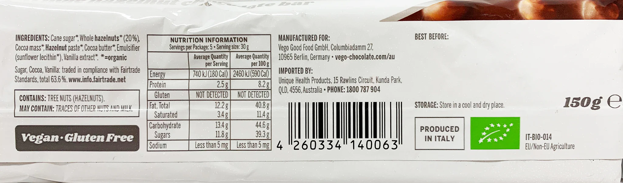 Vego Whole Hazelnut Chocolate Bar 150g - Image 2