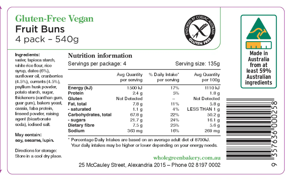 Wholegreen Bakery Gluten Free Vegan Fruit Buns 4x135g - Image 2